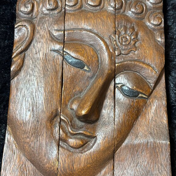 Vintage Hand-Carved Wood Transending Wisdom Buddha Face Wall Art 3-Piece Panel - Picture 1 of 7